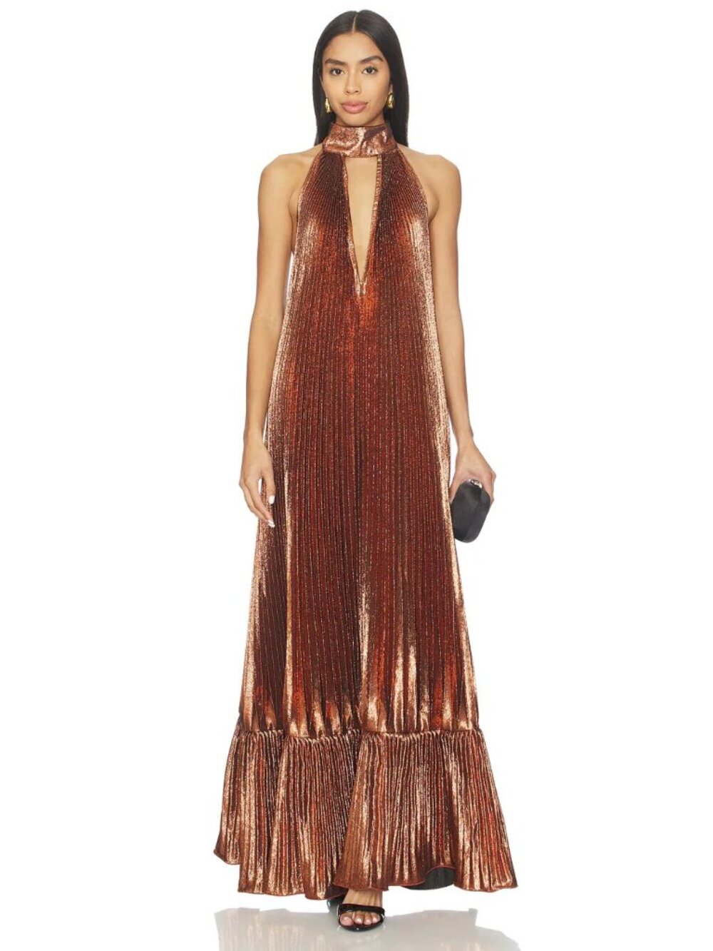 L’IDÉE Libertie Bronze Glitter Pleated Halter Gown US 10 NWT